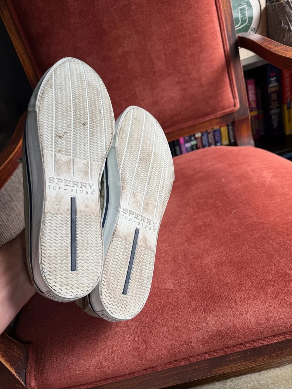 Men’s Sperry top slider canvas boat shoes in khaki.